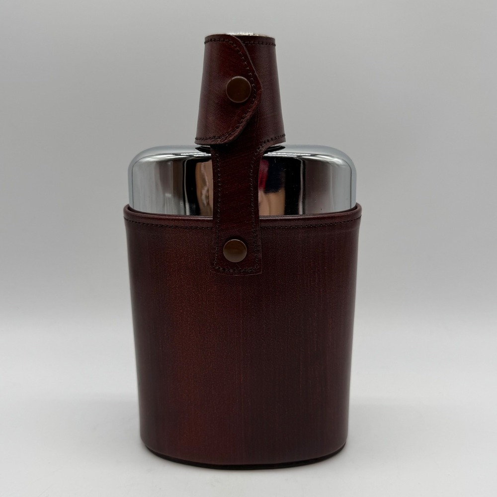 Vintage Bosca Leather Glass Hip Flask Set Nested Metal Shot Cups Barware Luxury